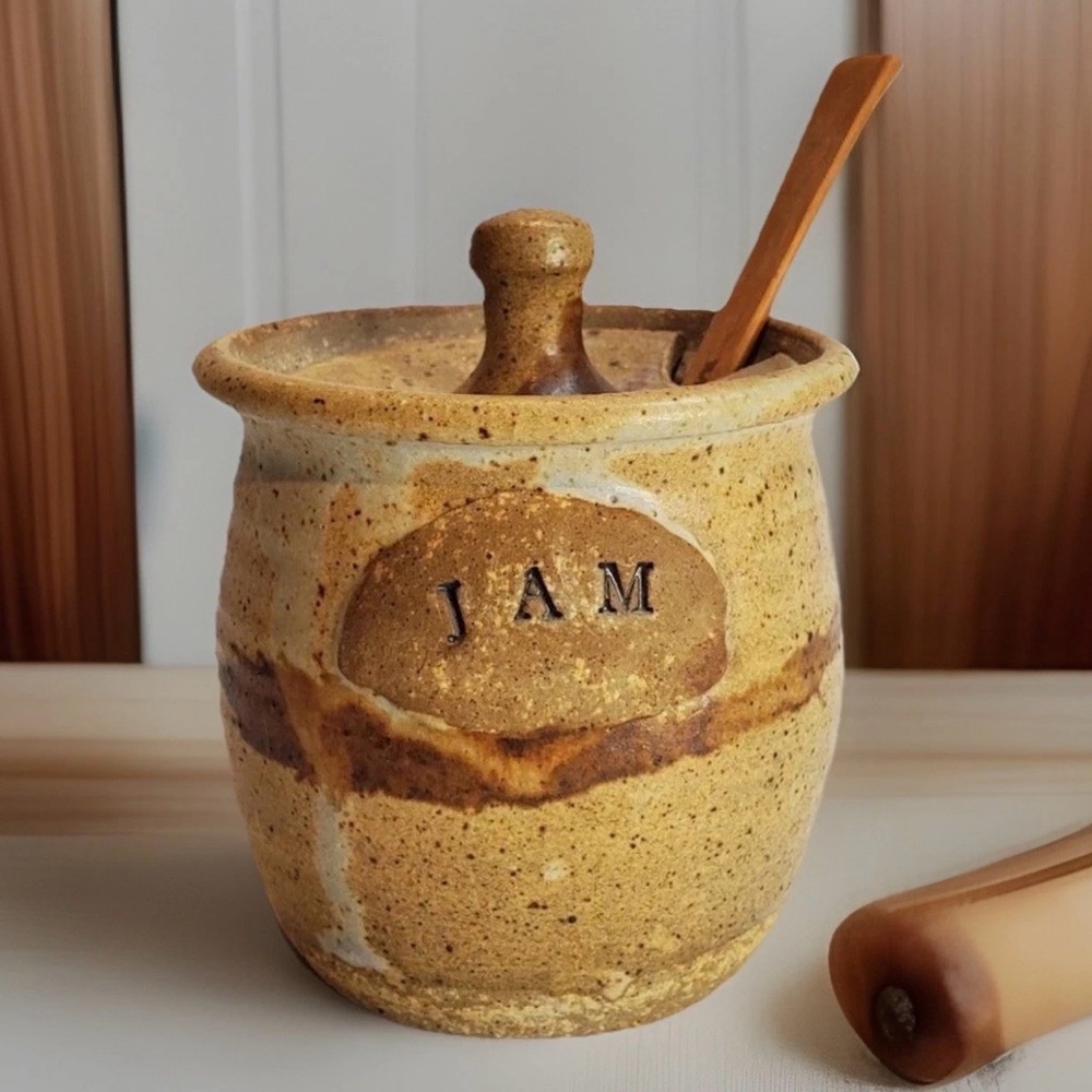 Stoneware Jam Jar Lidded Speckled Brown Glaze Wooden Spoon Artist Signed Pottery